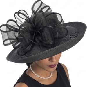 Beloved Millinery Couture Elegant Black Big Ribbon Bows Hat Church Funeral